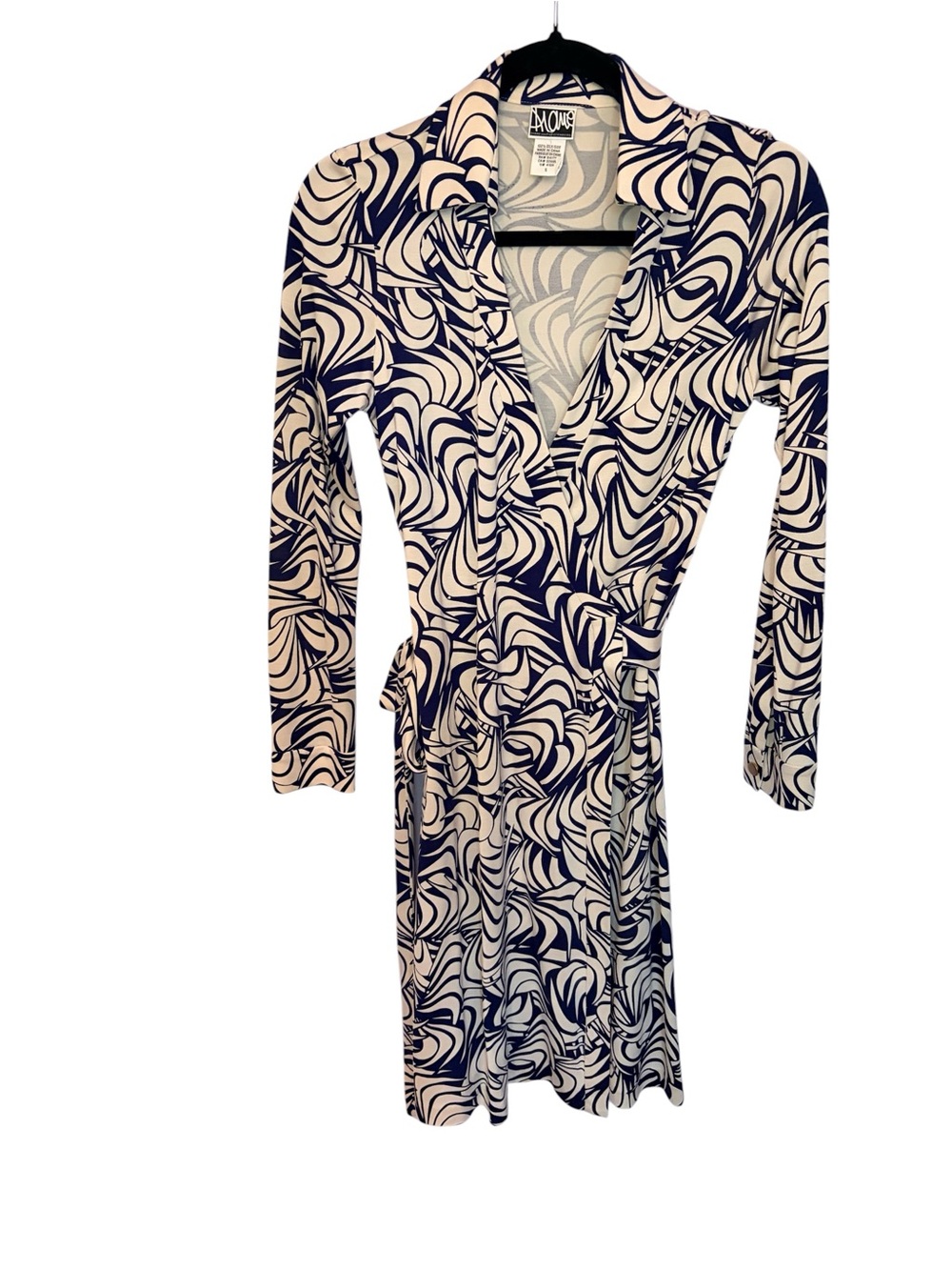 Diane Von Furstenberg Navy and Cream Printed Wrap Midi Dress